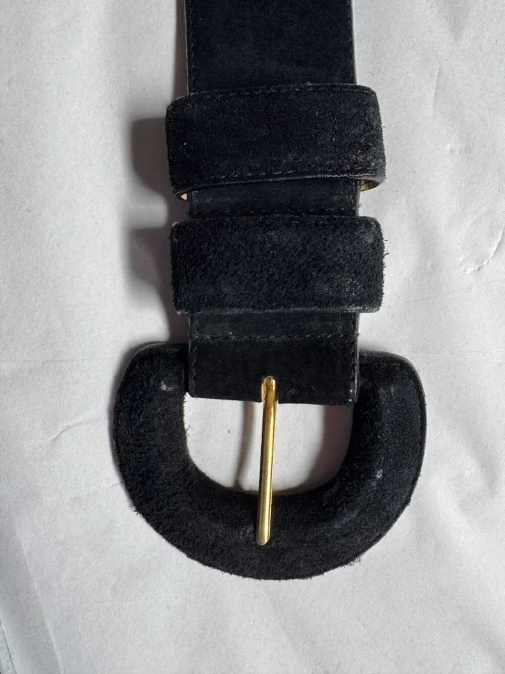 Lord and Taylor Vintage Black Suede Leather Belt With Gold-Tone Buckle Medium Ge